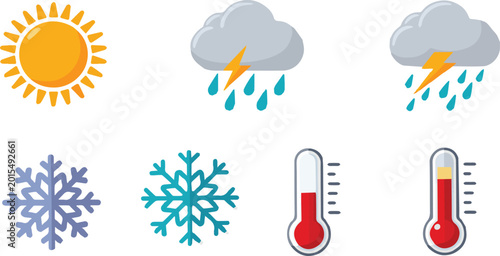 Collection of Weather Icons Representing Sunshine, Rain, Snow, and Temperature