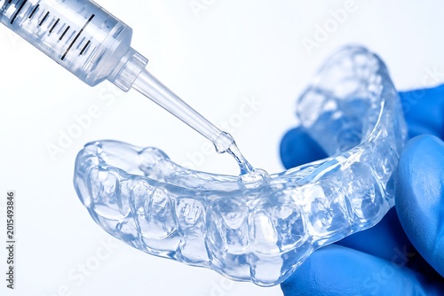 Professional teeth whitening treatment process with bleaching gel syringe and dental clear aligner tray in clinic, close up of dentist hands in blue gloves applying whitening gel to mouth guard.