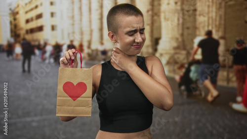 Photos Woman with short hair in black crop top holding paper bag with red heart while clutching her throat on a busy cobbled street; heartache pain