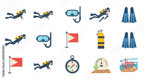 Foto Scuba Divers, Snorkel Gear, Fins, Flags, Compass, and Oxygen Tank Icons