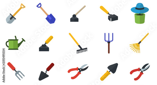 Bilde på lerret Gardening Tools Collection: Shovel, Rake, Pruners, Trowel, Watering Can