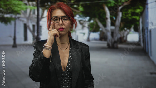 Tableau sur toile Woman walking on street lined with trees and buildings, showing cleavage and wearing glasses with red hair and black blazer over polka dot dress; urban confidence