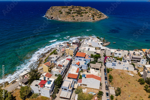 High angle view of Mochlos village and the Minoan island in Crete, Greece