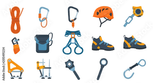 Konstfotografi Climbing Gear Set: Rope, Carabiner, Helmet, Harness, and Shoes