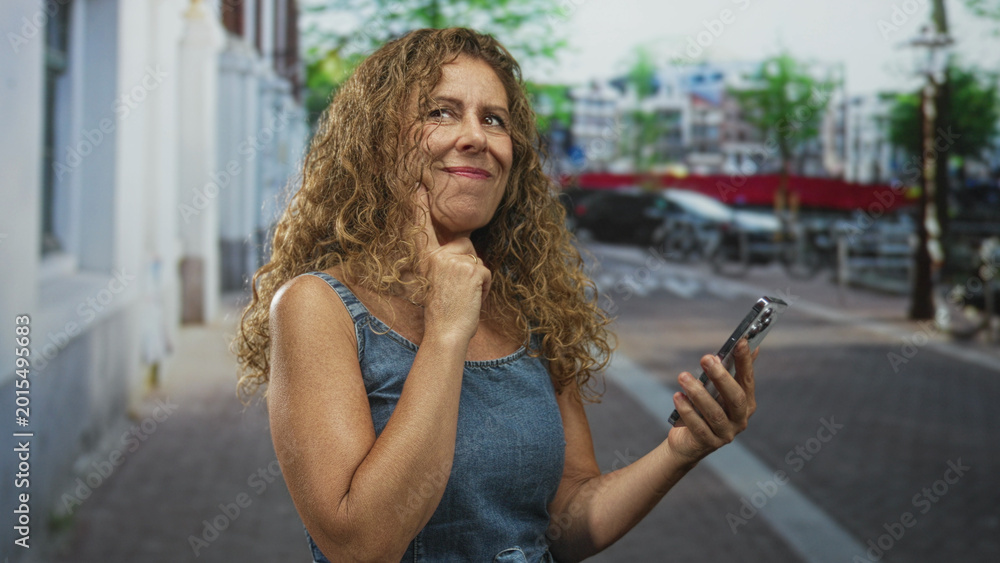 Fototapeta premium Woman points index finger to smartphone on street, tapping screen and smiling while checking messages; lighthearted joy.
