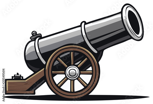 Cartoon Cannon illustration, metallic weapon on wooden wheels, firing old war machine concept