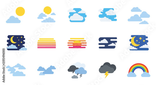 Fotografie Weather Icons: Sun, Clouds, Moon, Rainbow, Storm