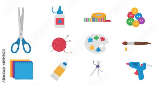 Craft Supplies Icons: Scissors, Glue, Yarn, Paint Palette, Buttons, Tape