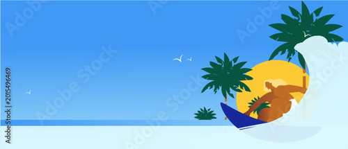 Photography Wide surfing banner featuring minimalist tropical beach scenery, ocean wave and surfer silhouette in modern summer style