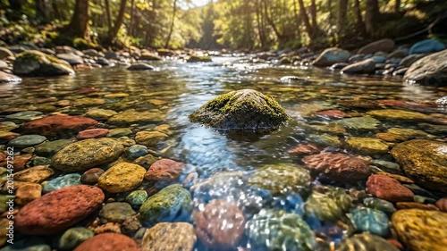Crystal Clear Forest River with Colorful Stones — Sunlit Natural Stream Flowing Over Mossy Rocks in Lush Woodland