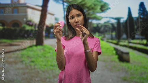Bild auf Leinwand Woman holding a menstrual cup between fingers, pinching and examining it with a hesitant expression in a building lined park; doubt menstrual care