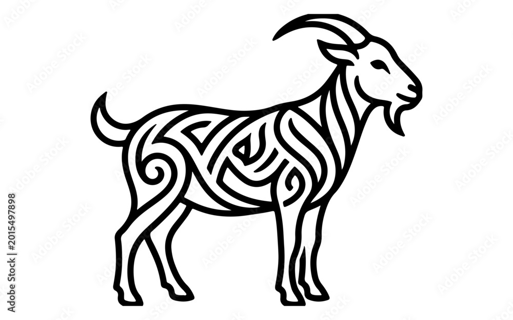 Fototapeta premium Celtic goat, tribal animal, black line art, vector illustration, ornamental design