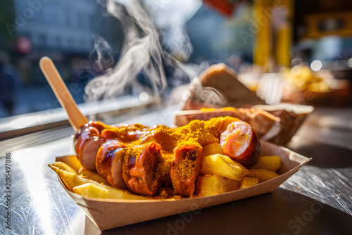 Iconic Currywurst Served in a Paper Boat on a Tray with Golden Fries, Berlin Street Food Delight