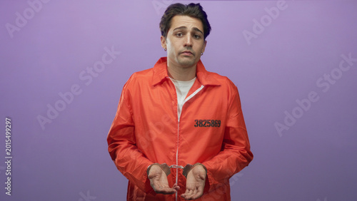 Foto Man in orange jumpsuit stands with handcuffed hands held forward and inmate number visible on chest in studio; remorse consequence isolation