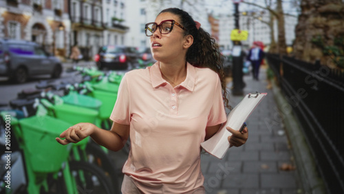Quadro su tela Woman clutching pink clipboard and pen, hand to chest gesture while wearing glasses beside a row of green rental bicycles on a street; uncertainty