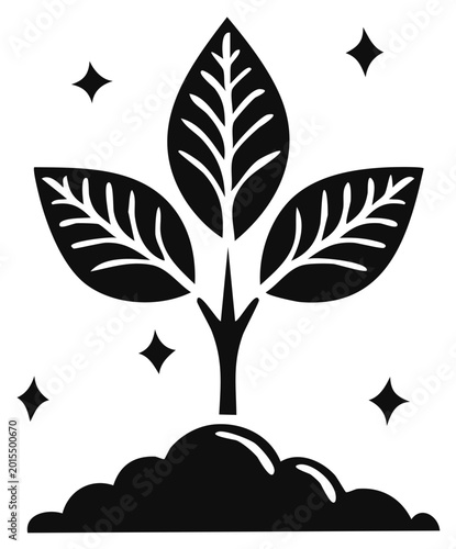 Silhouette of a growing plant with three leaves and sparkling details.
