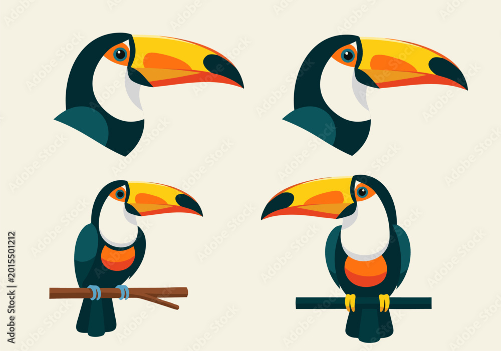 Fototapeta premium A vector illustration of four colorful toucan birds perched on branches in various poses, showcasing their distinctive beaks and vibrant plumage.