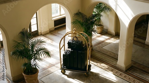 Luxury hotel lobby luggage cart with black suitcases palm plants.