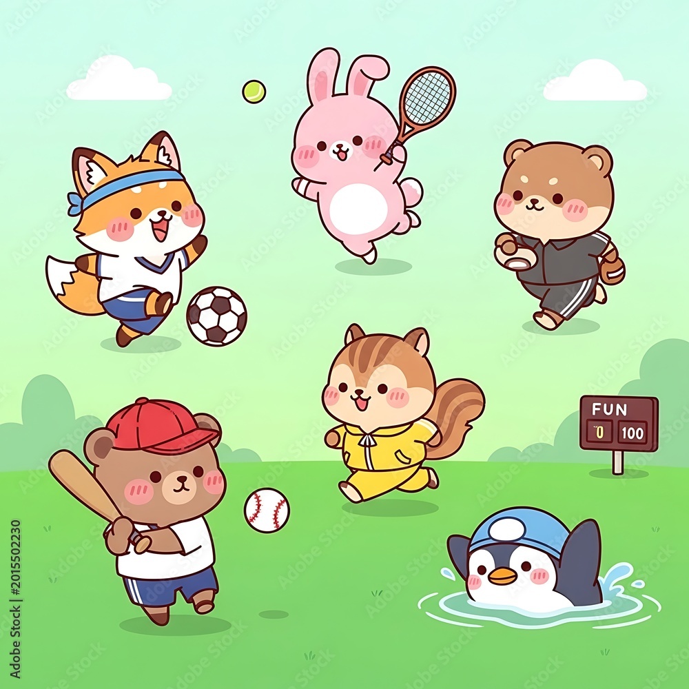 Fototapeta premium Cartoon animals playing sports together fun.
