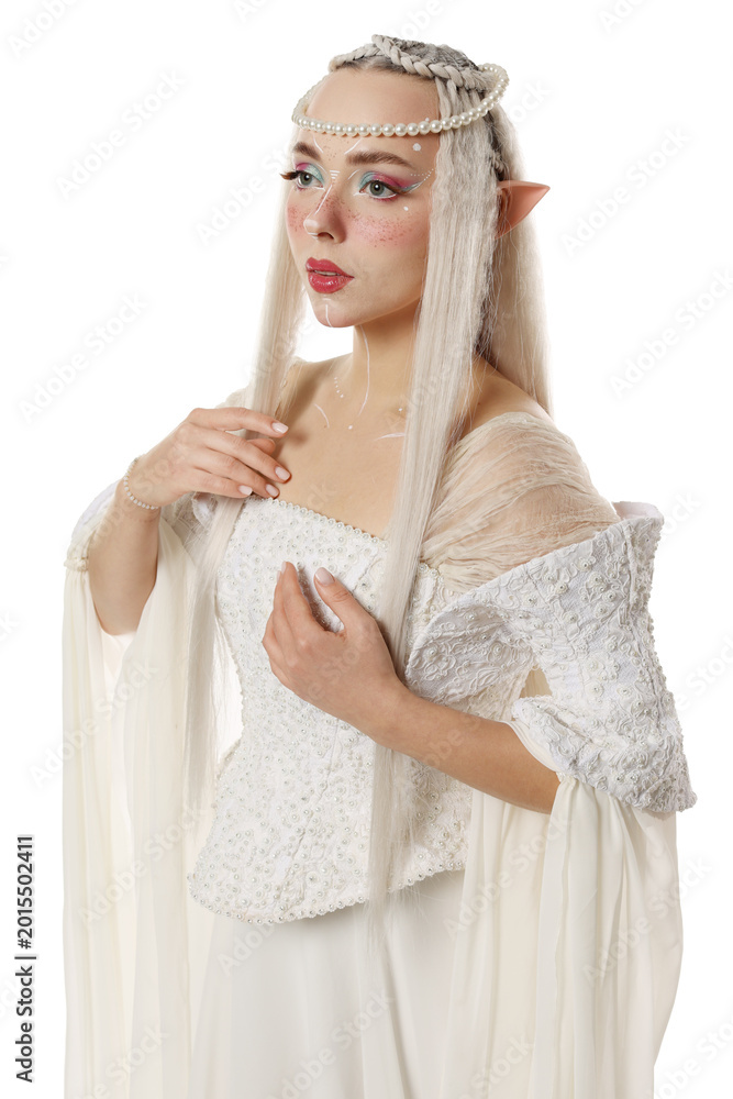 Fototapeta premium Beautiful girl dressed as elf on white background