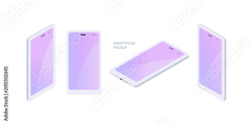 Isometric image of mobile phone from different angles. Vector illustration. Gradient on screen. Perfect for UI/UX presentations, app mockups, tech branding, device showcases, gradient design trends