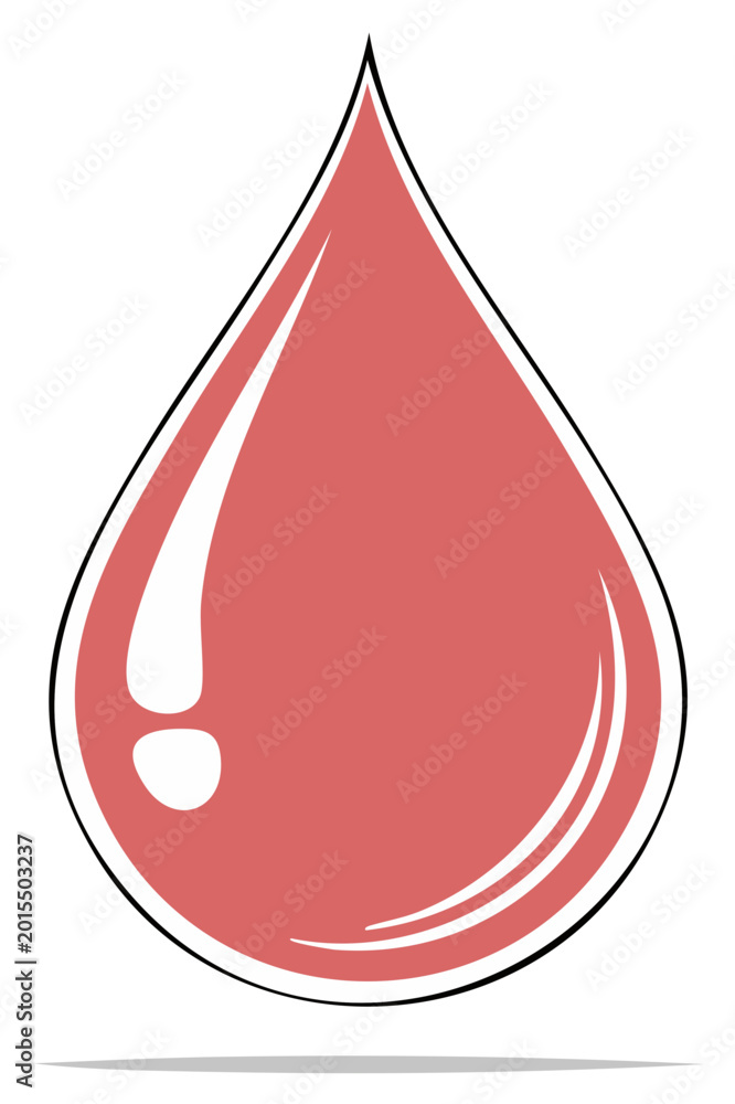 Fototapeta premium Red colored liquid drop with shine, teardrop shape with stroke, flat vector