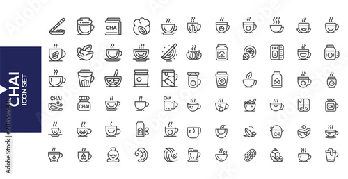 Foto Chai Icon Set: A collection of various chai icons presented in a minimalistic line art style