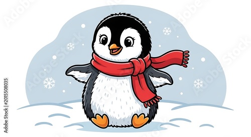 Cute penguin wearing red scarf snow.