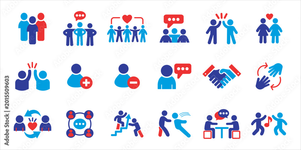 Fototapeta premium friendship icon set bundle. people, social, support, teamwork, relationship, friend, team and more. simple flat colored vector