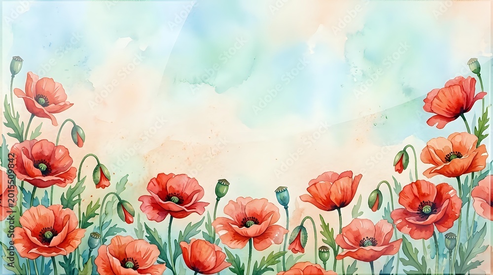 Obraz premium Watercolor red poppies blooming along the bottom border on a soft pastel background, perfect for greeting cards, posters, and spring designs.