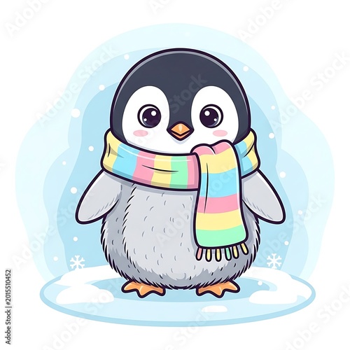 Cute cartoon penguin wearing colorful scarf.