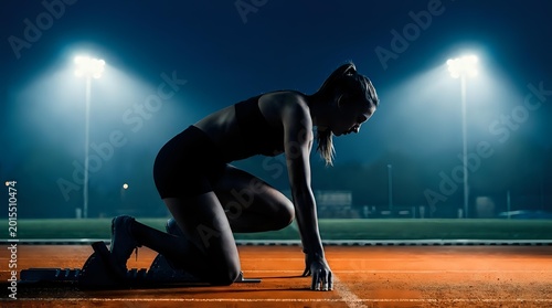 Female athlete in starting position on track at night, stadium lights glowing behind her, powerful silhouette capturing focus and determination.