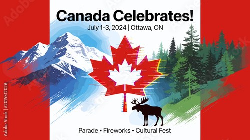 Bilde på lerret A vibrant graphic celebrating Canada Day with a large maple leaf, mountains, forest, and a moose, set against a Canadian flag background, announcing July 1-3, 2024 events in Ottawa