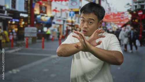 Fotografija Chinese man with arms crossed in refusal gesture on urban street lined with lanterns and storefronts; denial