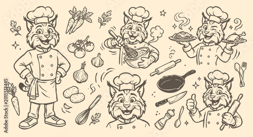 Foto Vector doodle set of bobcat chef mascots and kitchen tools.