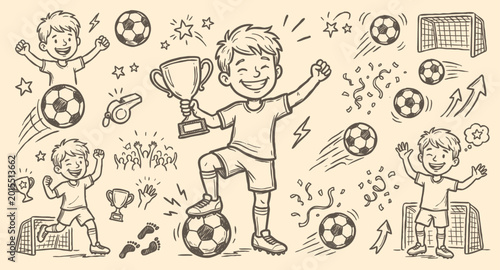 Vector doodle set of kid soccer players with trophy and sports elements.