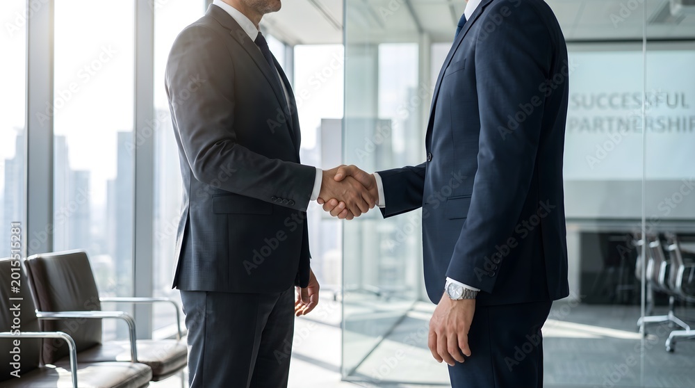 Fototapeta premium Two businessmen in suits shaking hands in a modern office setting, symbolizing agreement and trust.