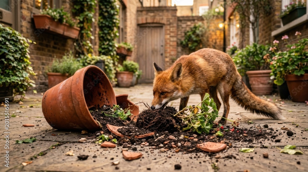 Fototapeta premium A curious fox investigates a broken flower pot in a charming courtyard setting.