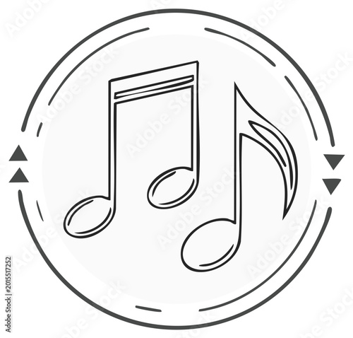 Two musical notes inside a circular frame with sound wave elements symbolizing rhythm and melody