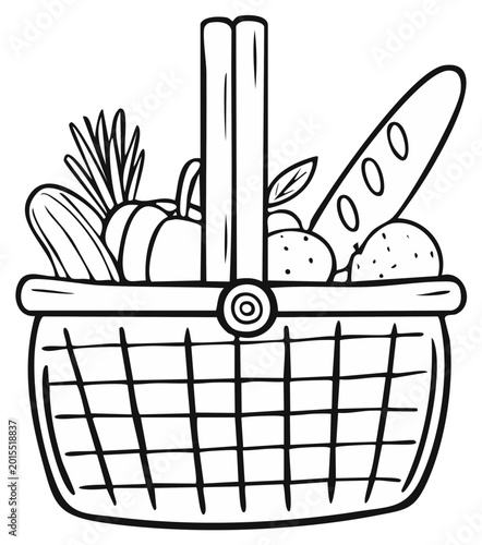 Wicker grocery basket full of fresh vegetables and bread line art illustration for coloring