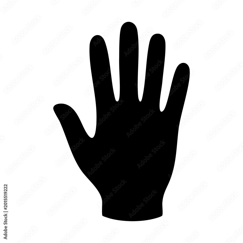 Fototapeta premium Black silhouette icon of an open human palm. Symbol of greeting, stop, help, or voting. Vector illustration.