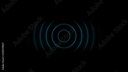 Blue neon sound waves pulse animation, abstract digital audio frequency signal, glowing circular radio wave motion