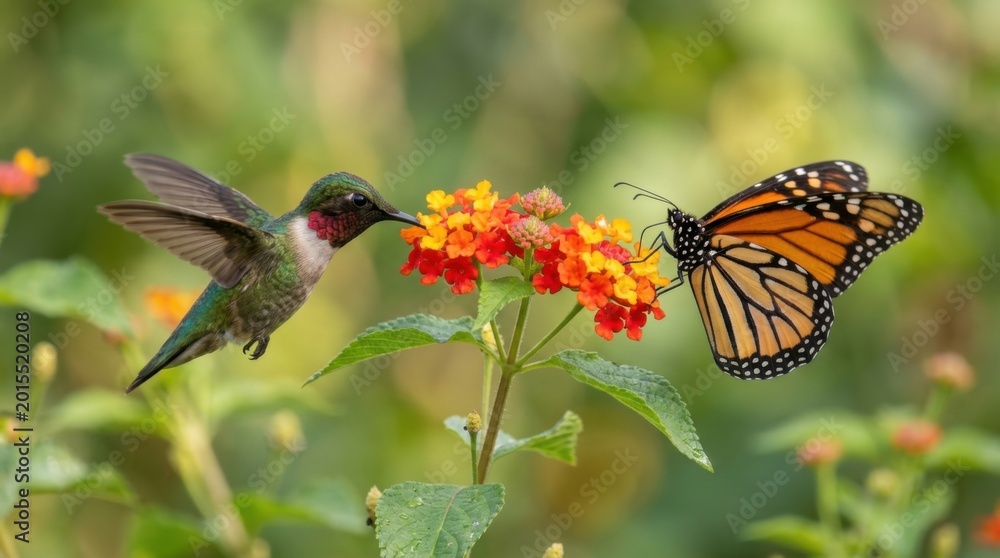 Fototapeta premium Hummingbird and Monarch Butterfly Sharing a Flower - A Vibrant Nature Scene.