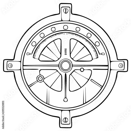 Nautical Steampunk Gauge Line Art Drawing, Compass Style Instrument Panel With Scale Indicators and Rivets
