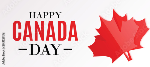 Tableau sur toile Happy Canada Day greeting with a red maple leaf and festive text on a white back