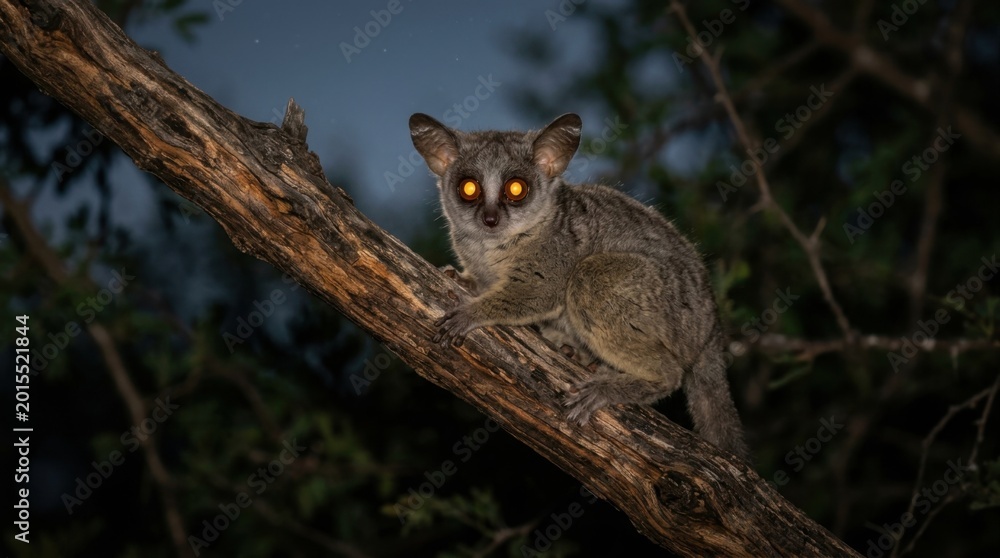 Fototapeta premium Nocturnal Bushbaby Perched on Branch with Glowing Eyes in Dark Forest.