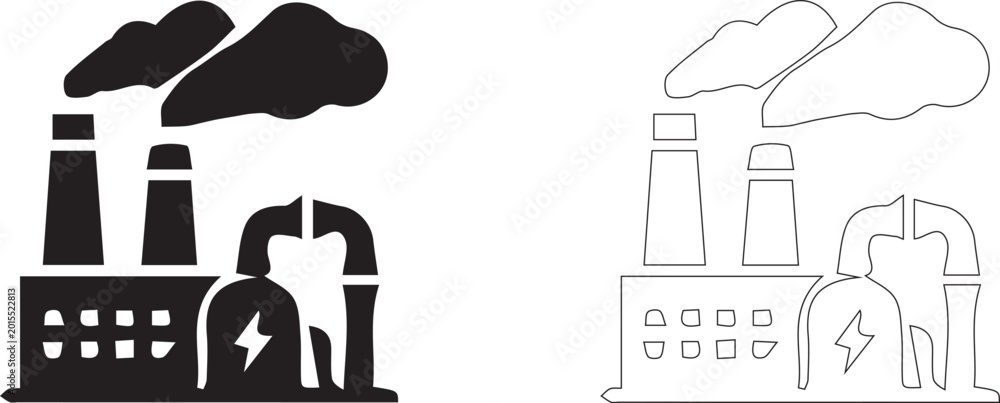 Fototapeta premium Industrial Factory Building Vector Illustration with Smoking Chimneys and Power Generation Icons in Black Silhouette and Outline Style