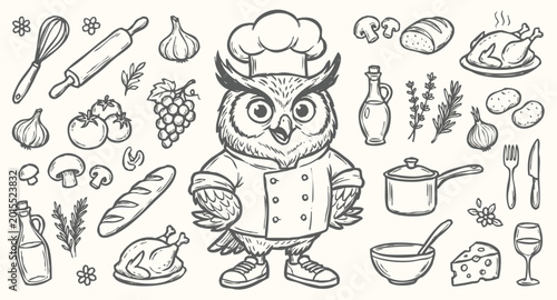 Принти на полотні Vector doodle set of Great Horned Owl chef mascots and kitchen tools