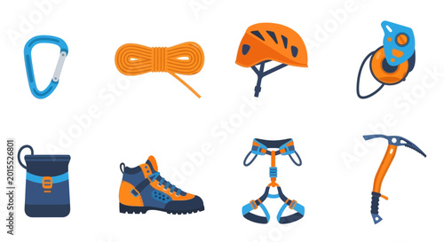 Photos Climbing Gear Set: Carabiner, Rope, Helmet, Harness, Ice Axe, Boots, Bag