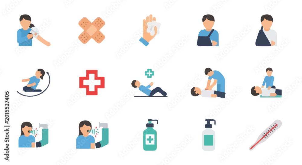Fototapeta premium First Aid Icons: Bandage, CPR, Inhaler, Thermometer, Medical Kit